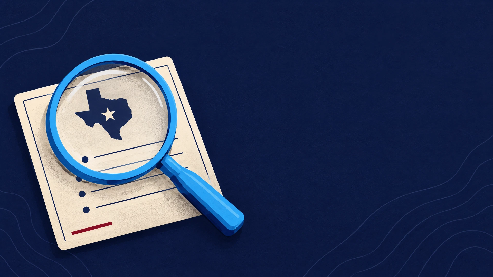 Illustration of a Texas voter registration card being checked with a magnifying glass.