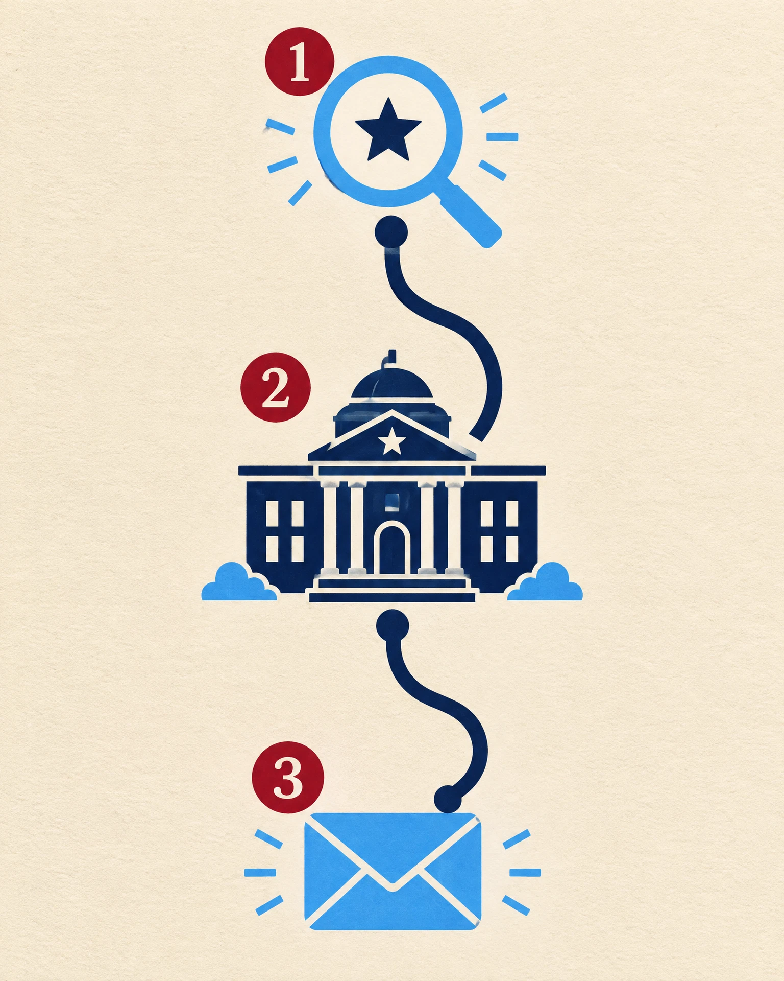 Illustration of voter registration wayfinding through a county elections office.